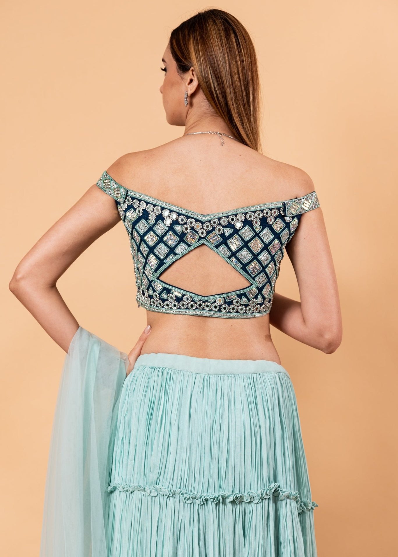 Pastel Blue Lehenga Set With Heavy Embroidered Off Shoulder Choli and Net Dupatta - Anvi Couture