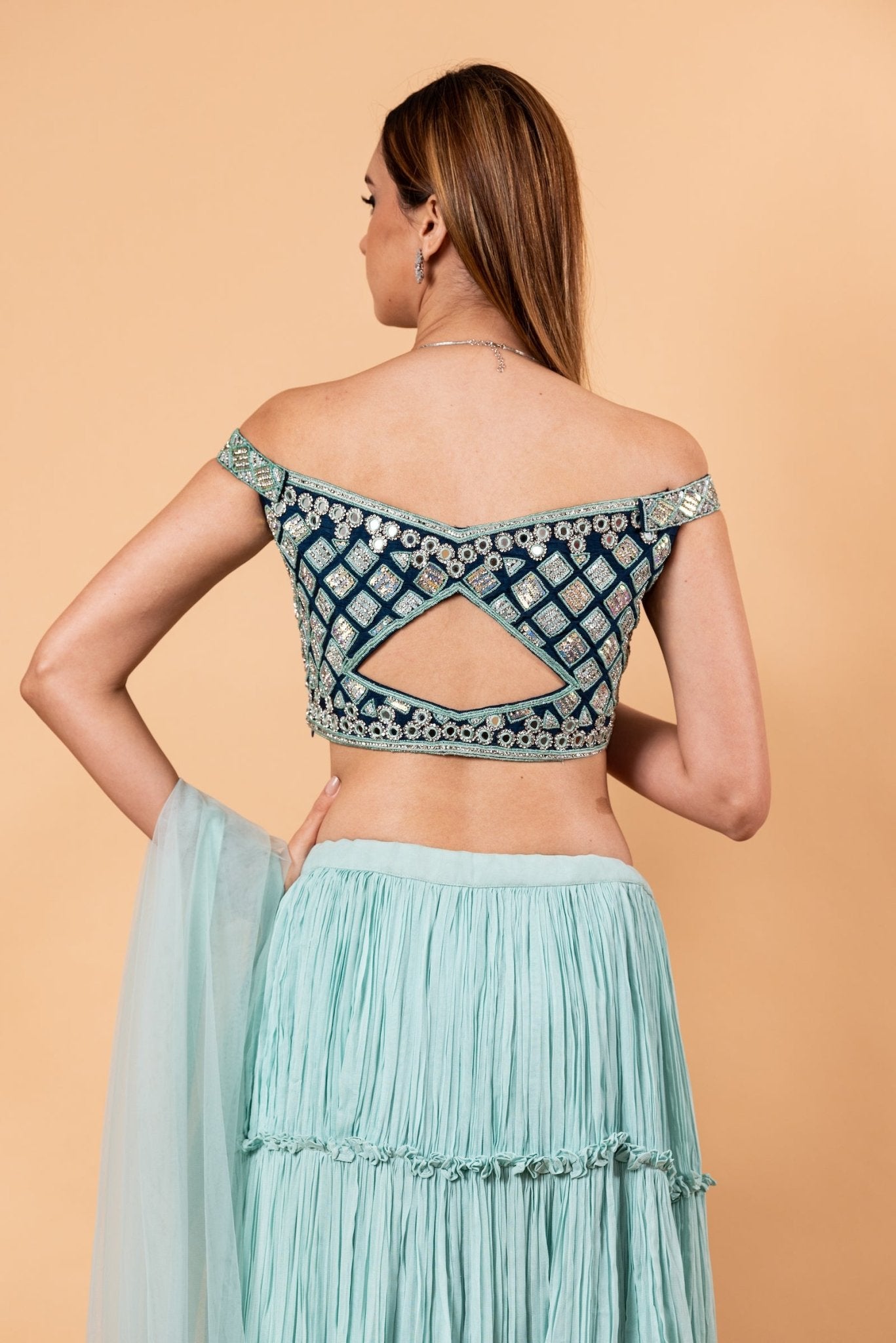 Pastel Blue Lehenga Set With Heavy Embroidered Off Shoulder Choli and Net Dupatta - Anvi Couture