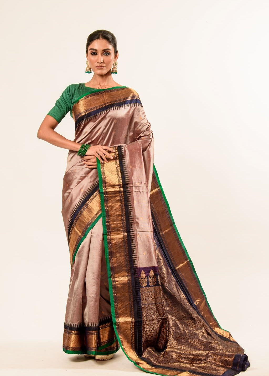 Pink Pure Gadwal Silk Saree with Green Zari Border and Pallu - Anvi Couture