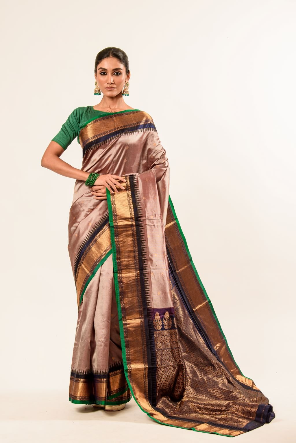 Pink Pure Gadwal Silk Saree with Green Zari Border and Pallu - Anvi Couture