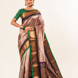 Pink Pure Gadwal Silk Saree with Green Zari Border and Pallu - Anvi Couture