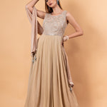 Mocha Brown Embroidered Gown in Georgette with Net Dupatta - Anvi Couture