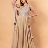 Mocha Brown Embroidered Gown in Georgette with Net Dupatta - Anvi Couture