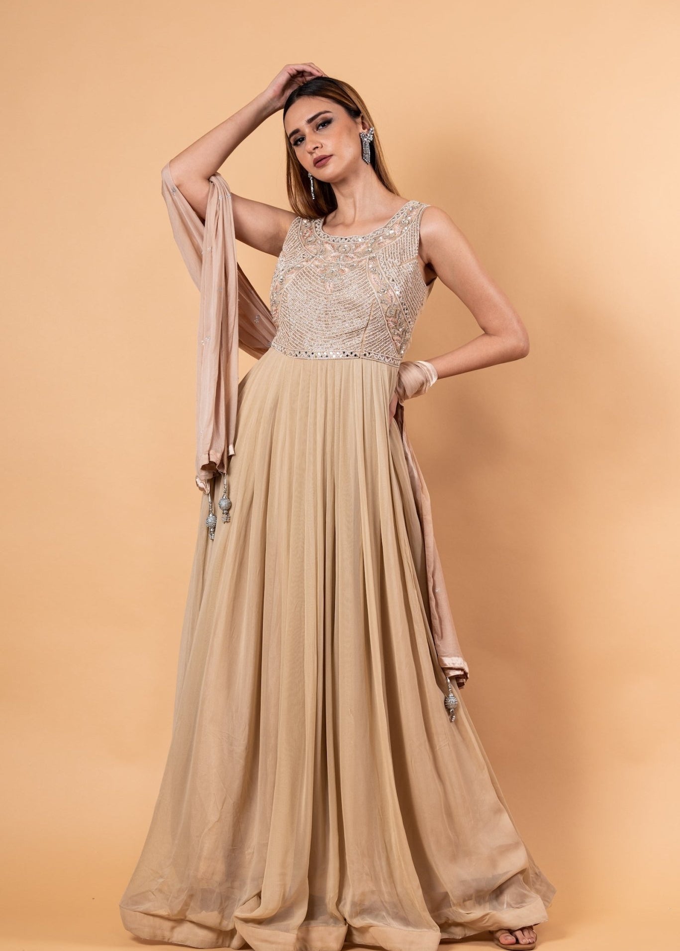 Mocha Brown Embroidered Gown in Georgette with Net Dupatta - Anvi Couture