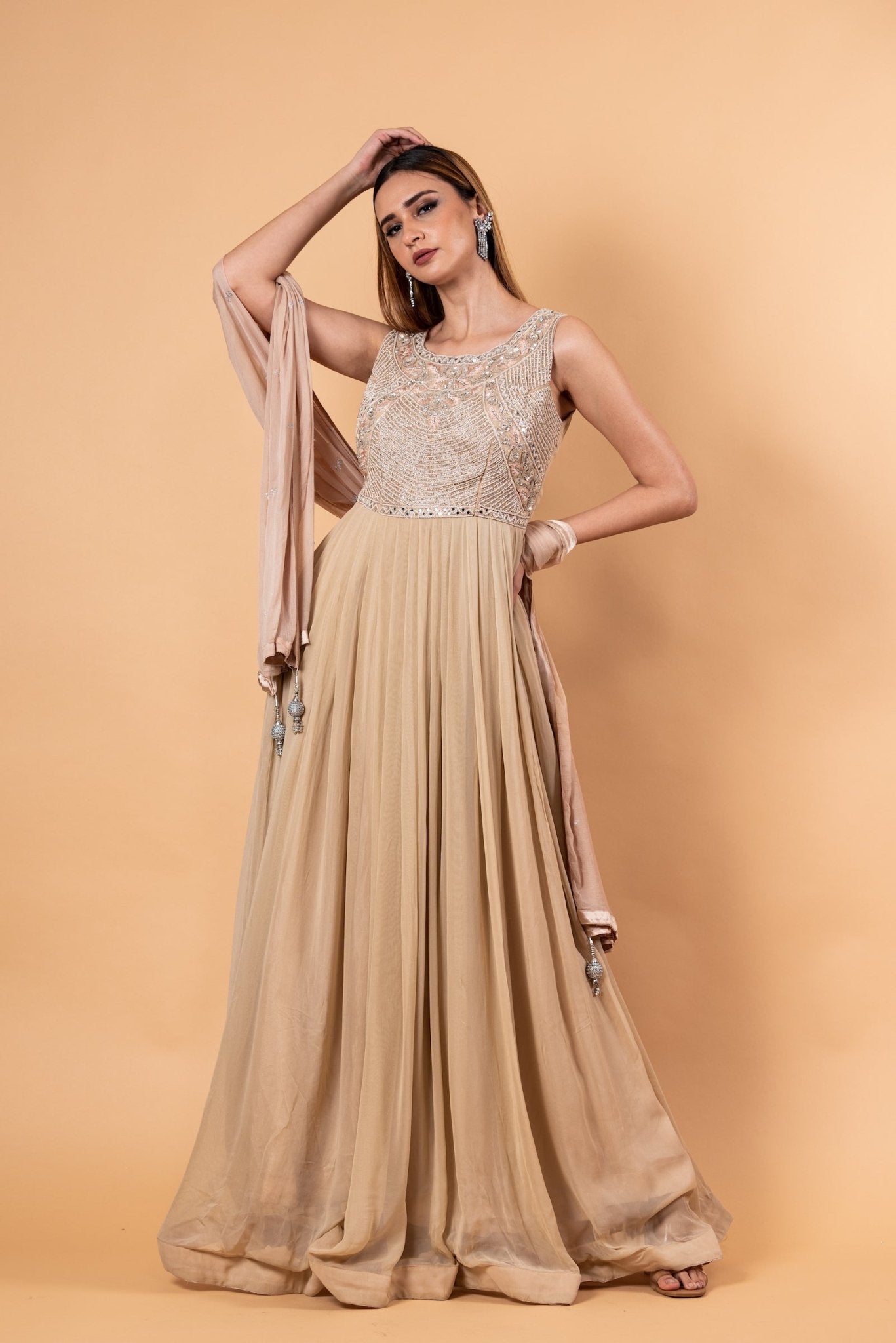 Mocha Brown Embroidered Gown in Georgette with Net Dupatta - Anvi Couture