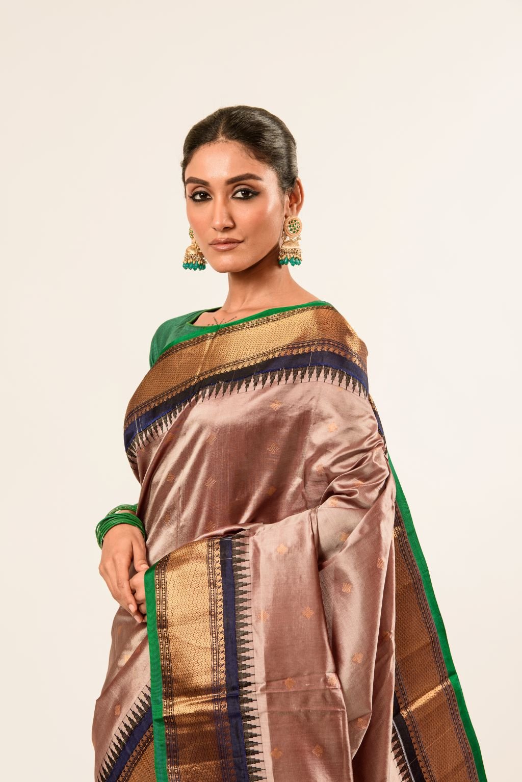 Pink Pure Gadwal Silk Saree with Green Zari Border and Pallu - Anvi Couture