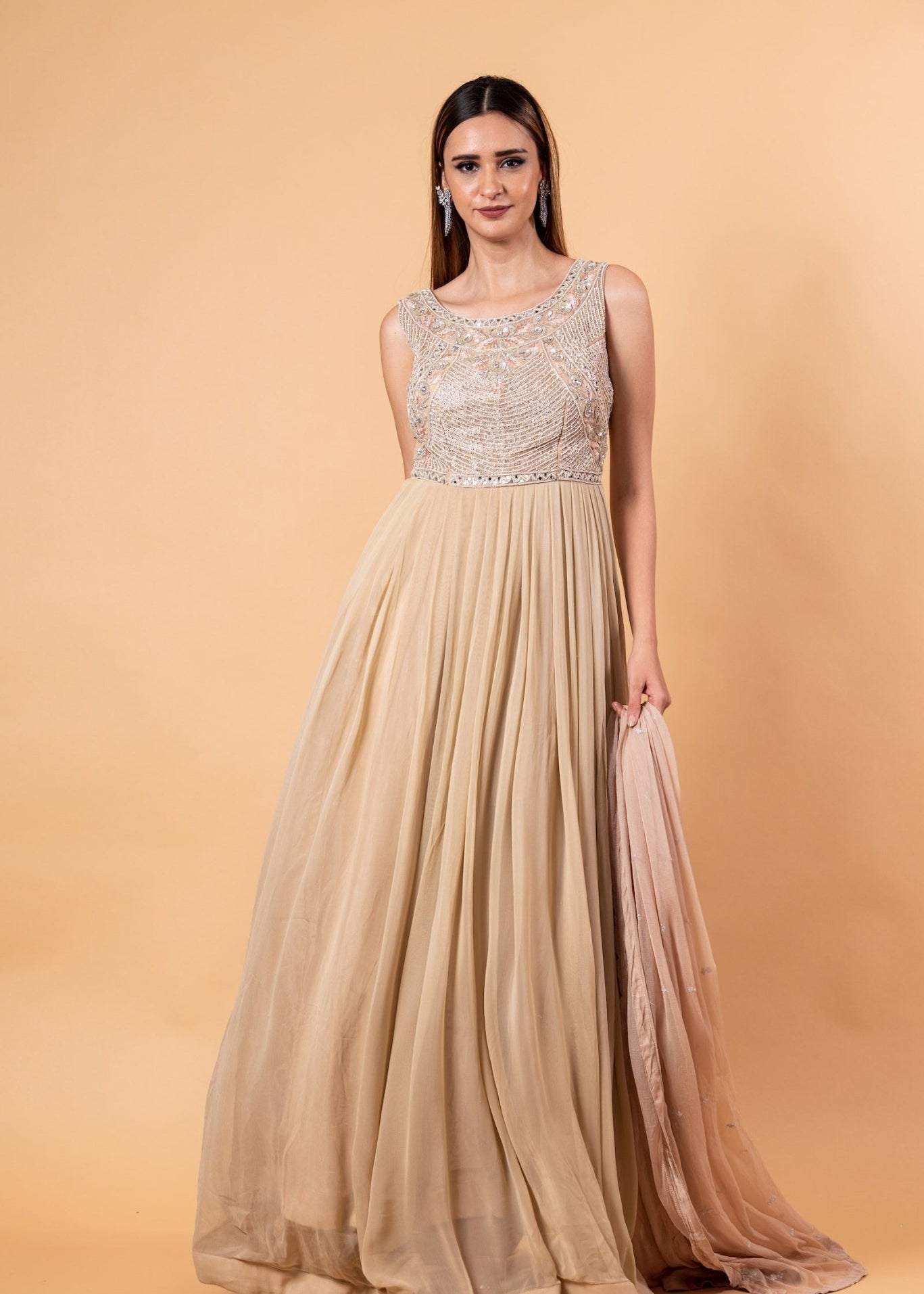 Mocha Brown Embroidered Gown in Georgette with Net Dupatta - Anvi Couture