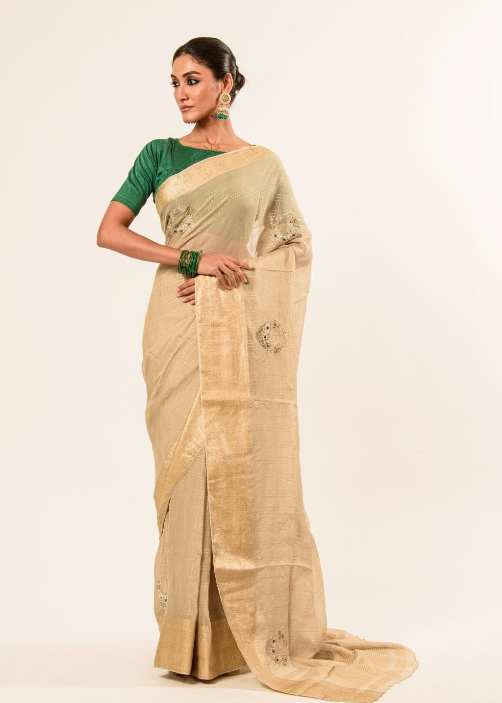 Pearl White Pure Georgette Woven Saree with Hand Embroidered Work - Anvi Couture