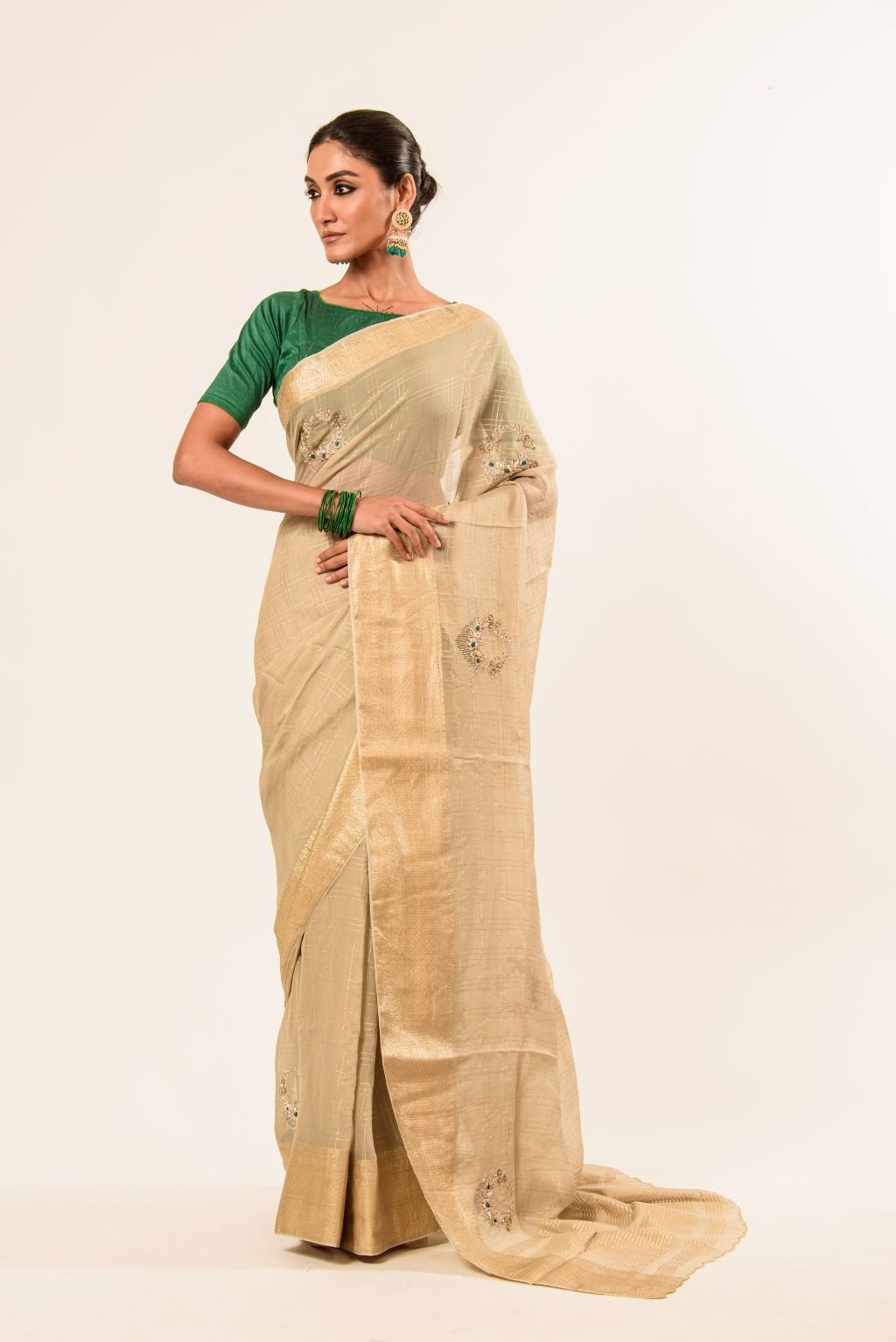 Pearl White Pure Georgette Woven Saree with Hand Embroidered Work - Anvi Couture