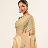 Pearl White Pure Georgette Woven Saree with Hand Embroidered Work - Anvi Couture