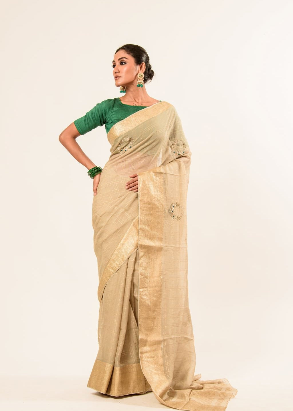 Pearl White Pure Georgette Woven Saree with Hand Embroidered Work - Anvi Couture