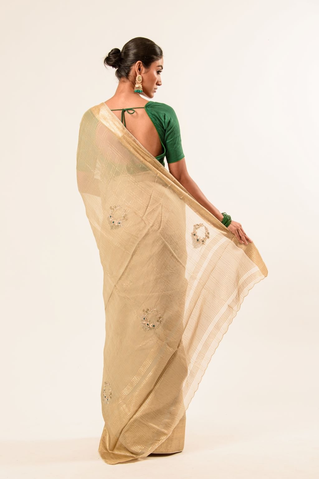 Pearl White Pure Georgette Woven Saree with Hand Embroidered Work - Anvi Couture