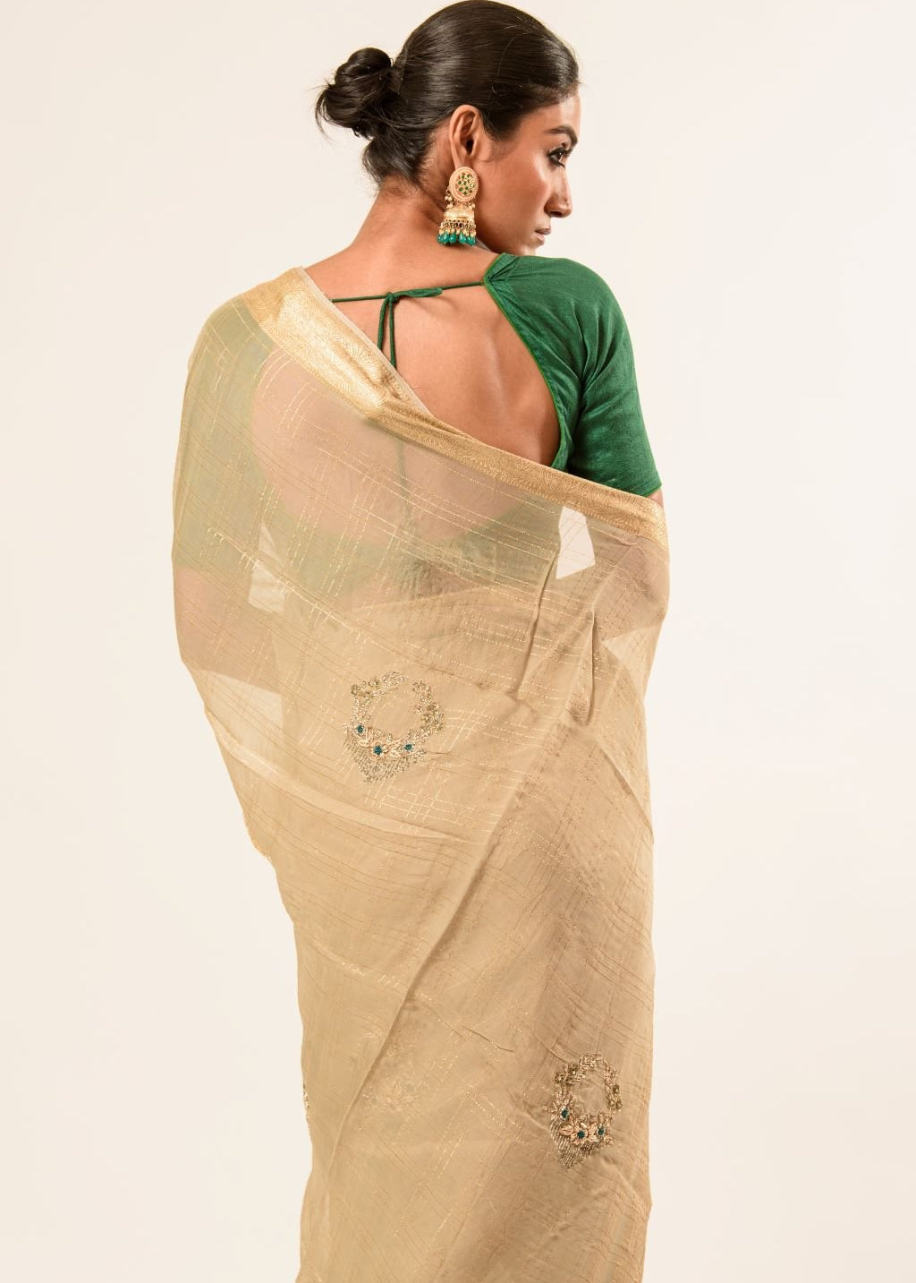 Pearl White Pure Georgette Woven Saree with Hand Embroidered Work - Anvi Couture