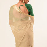 Pearl White Pure Georgette Woven Saree with Hand Embroidered Work - Anvi Couture