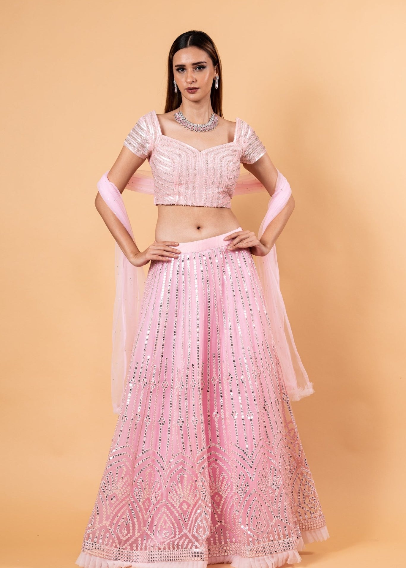 Pink Net Lehenga Set with Cutdana Embroidery - Anvi Couture