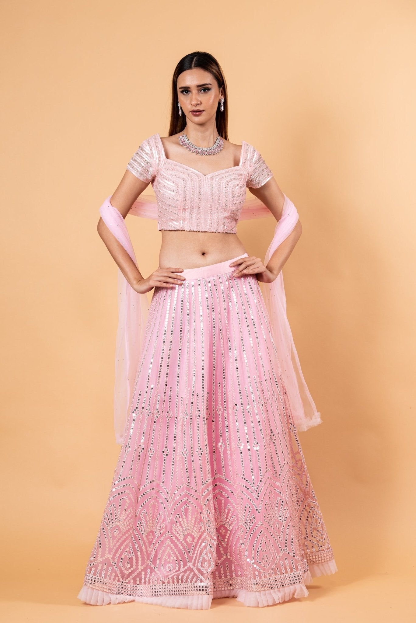 Pink Net Lehenga Set with Cutdana Embroidery - Anvi Couture