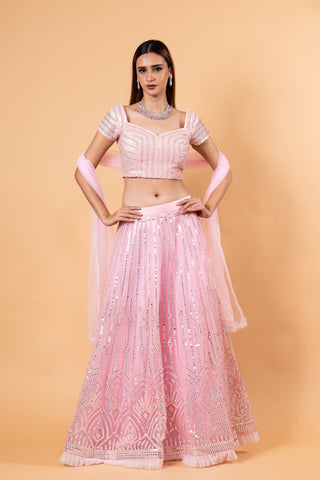 Pink Net Lehenga Set with Cutdana Embroidery