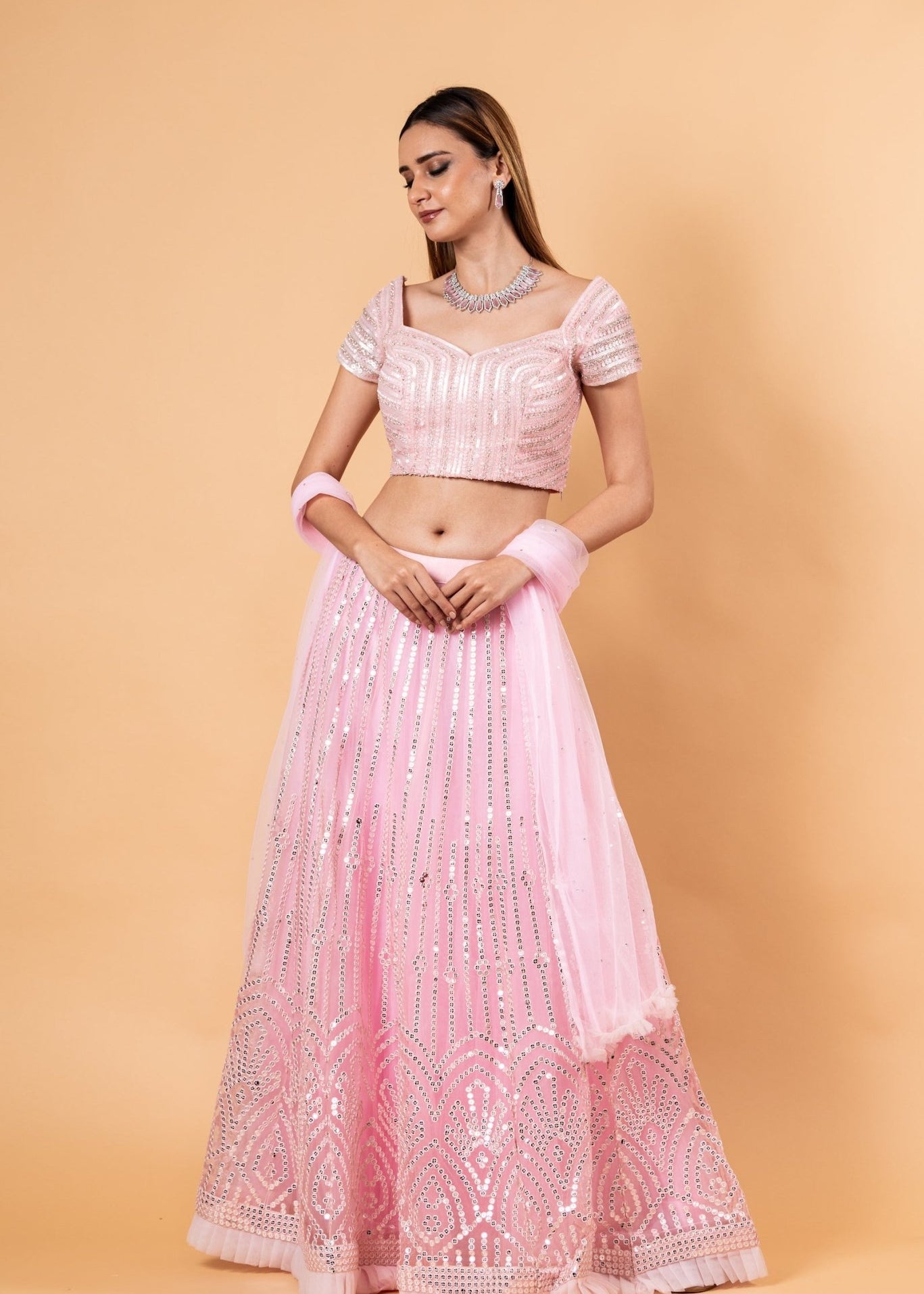 Pink Net Lehenga Set with Cutdana Embroidery - Anvi Couture