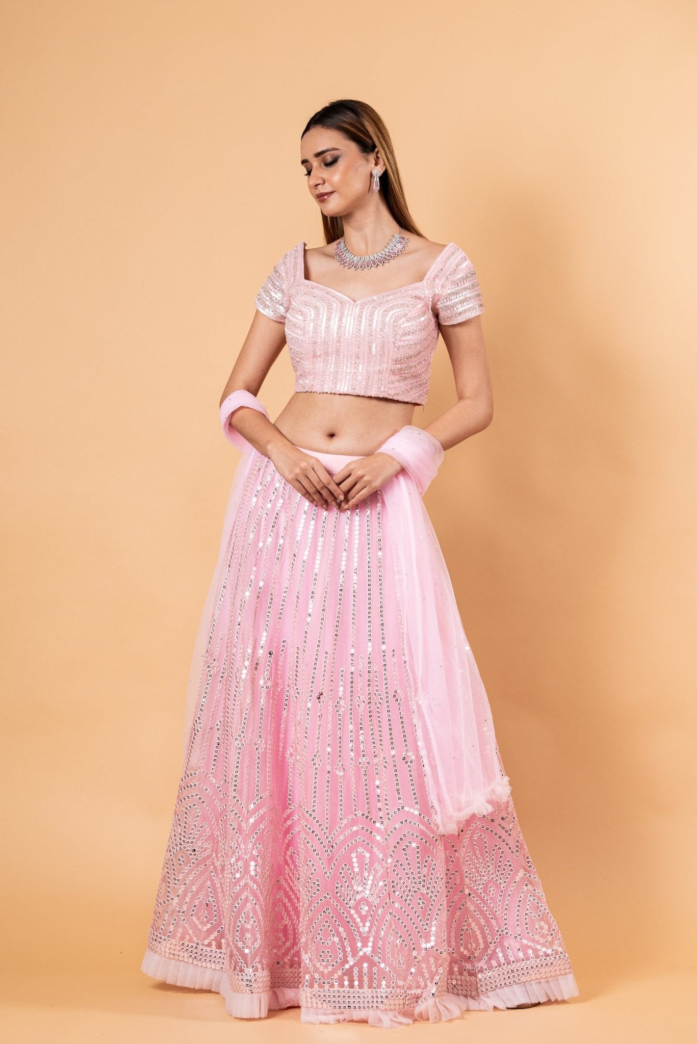 Pink Net Lehenga Set with Cutdana Embroidery - Anvi Couture