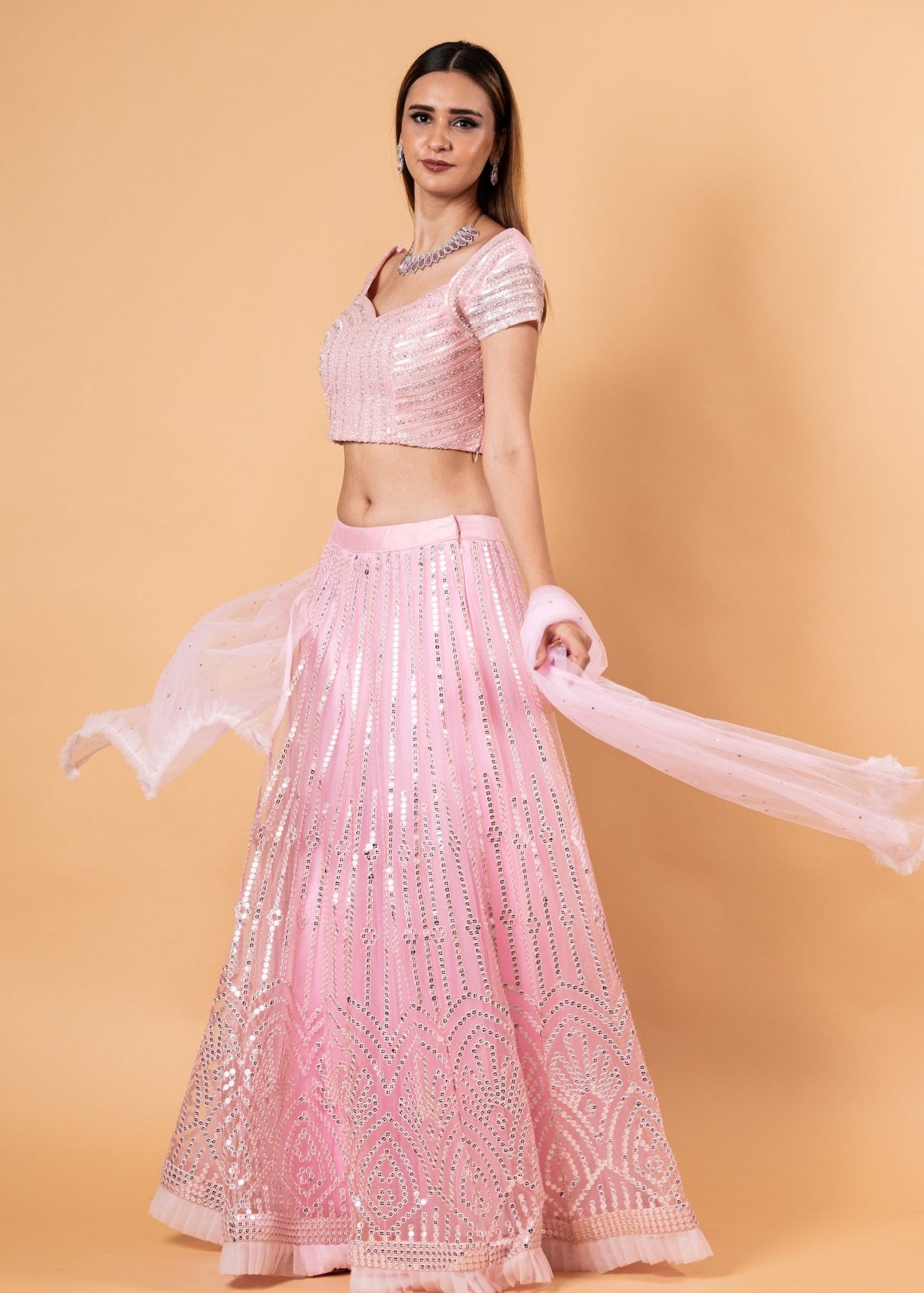 Pink Net Lehenga Set with Cutdana Embroidery - Anvi Couture