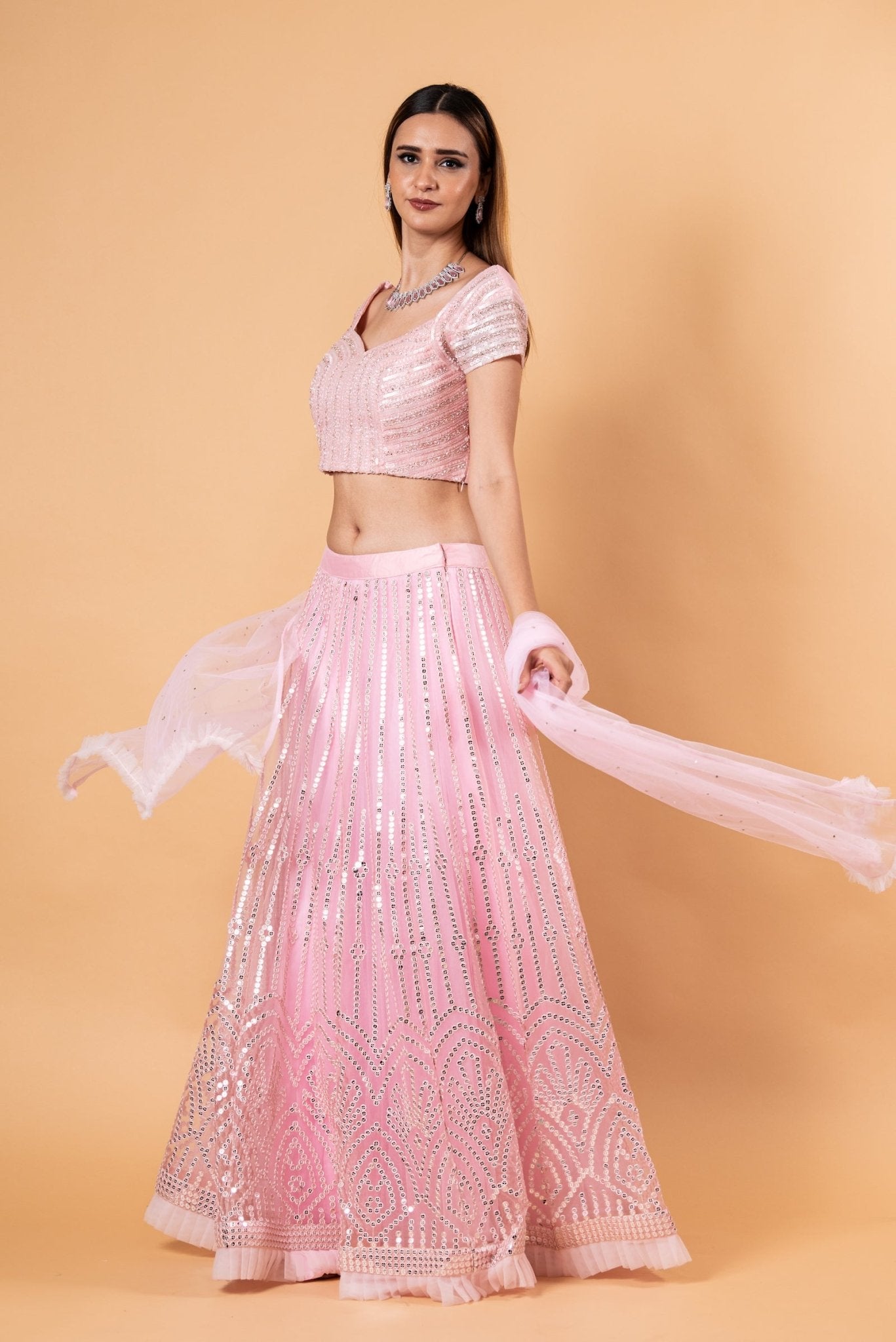 Pink Net Lehenga Set with Cutdana Embroidery - Anvi Couture