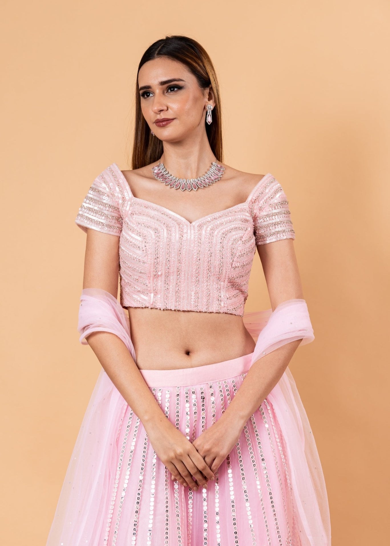 Pink Net Lehenga Set with Cutdana Embroidery - Anvi Couture