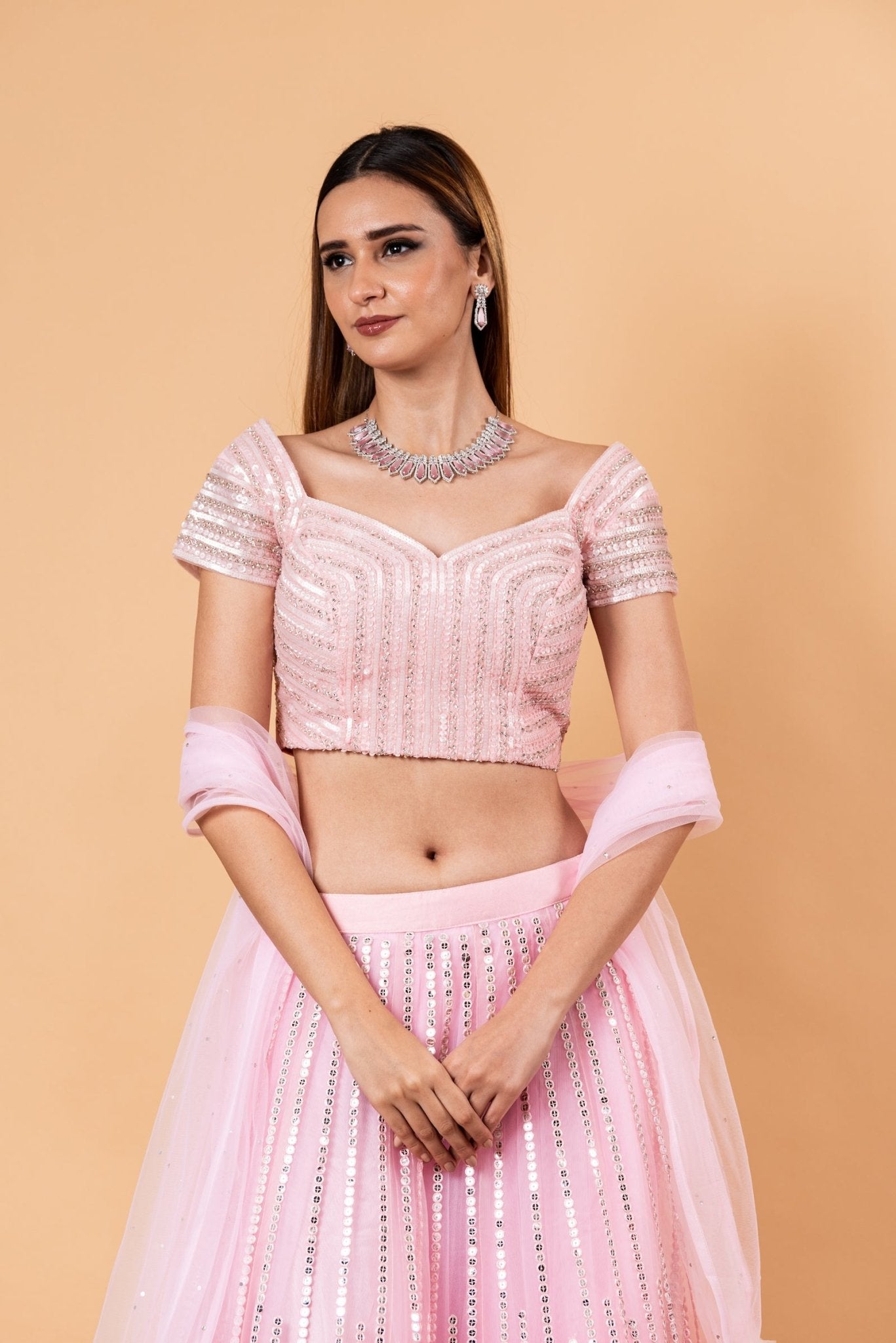 Pink Net Lehenga Set with Cutdana Embroidery - Anvi Couture