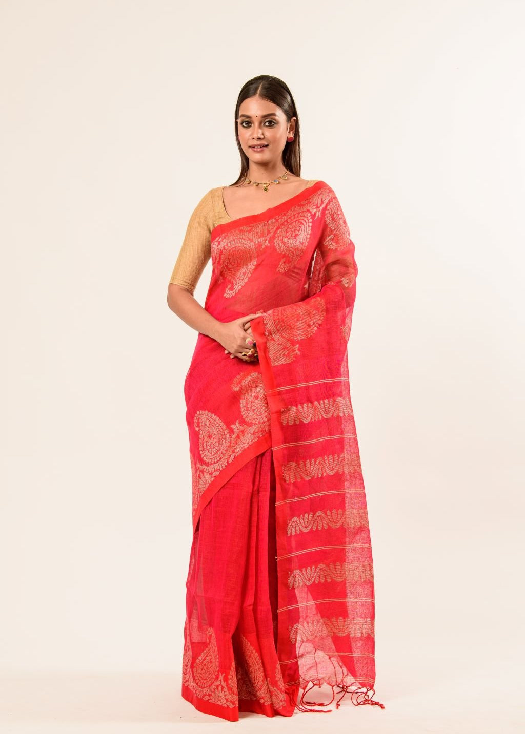 Pink Pure Cotton Linen Saree with Gold Zari Border and Floral Motifs - Anvi Couture