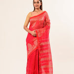 Pink Pure Cotton Linen Saree with Gold Zari Border and Floral Motifs - Anvi Couture