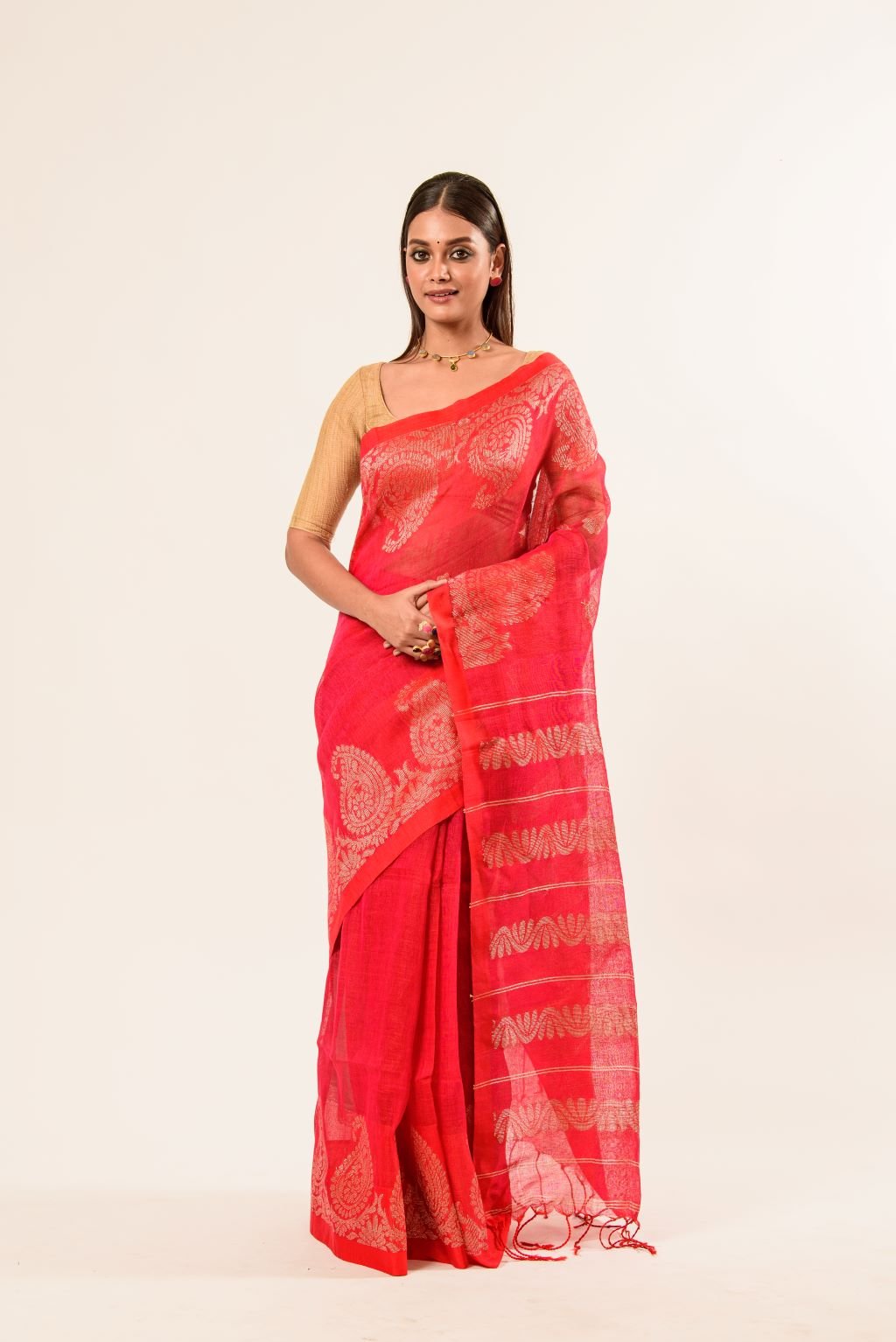 Pink Pure Cotton Linen Saree with Gold Zari Border and Floral Motifs - Anvi Couture