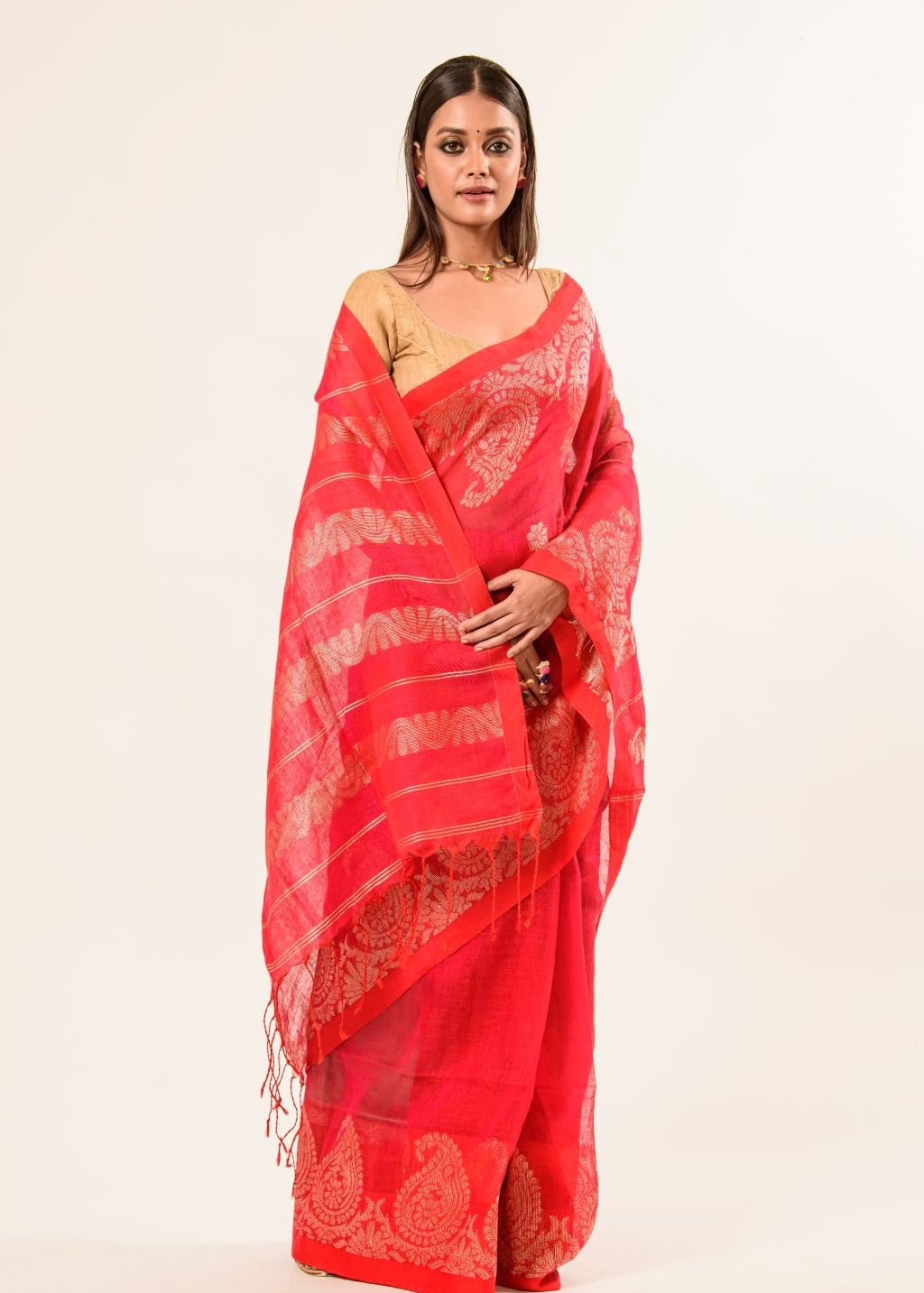 Pink Pure Cotton Linen Saree with Gold Zari Border and Floral Motifs - Anvi Couture