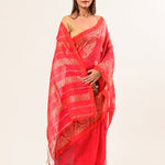 Pink Pure Cotton Linen Saree with Gold Zari Border and Floral Motifs - Anvi Couture