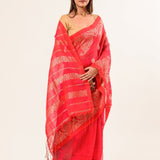 Pink Pure Cotton Linen Saree with Gold Zari Border and Floral Motifs - Anvi Couture