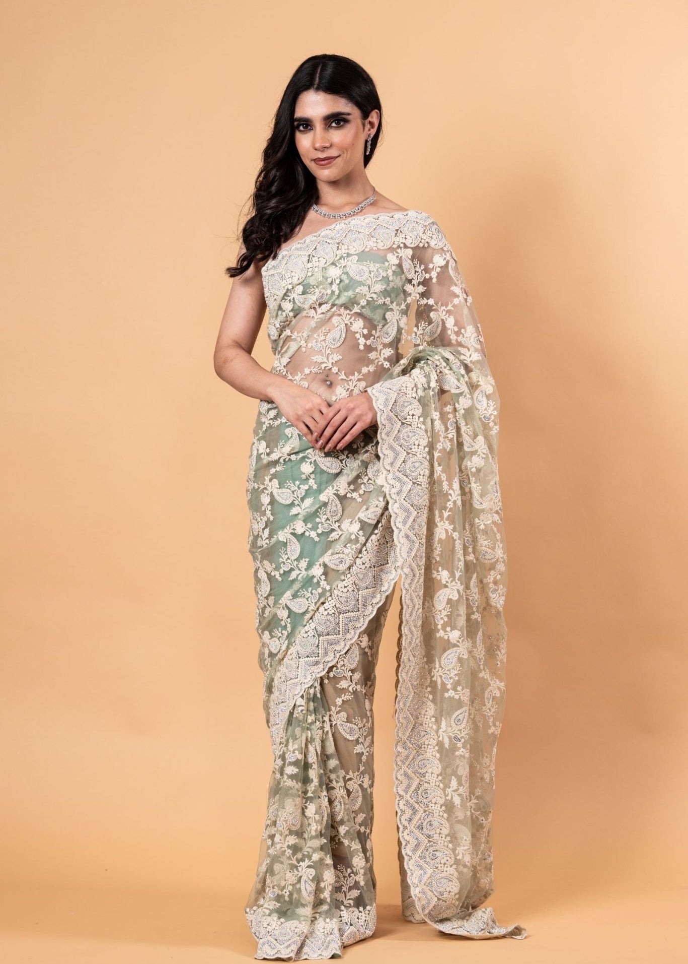 Pastel Green Net Saree with all over Stone and embroidery work And Unstitch blouse - Image 1