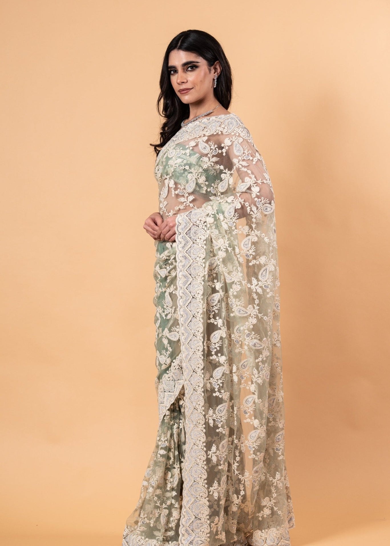 Pastel Green Net Saree with all over Stone and embroidery work And Unstitch blouse - Image 2