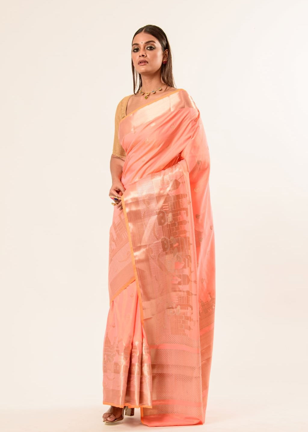 Coral Peach Katan Banarasi Silk Saree With Golden Temple Border - Anvi Couture