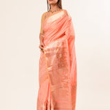 Coral Peach Katan Banarasi Silk Saree With Golden Temple Border - Anvi Couture