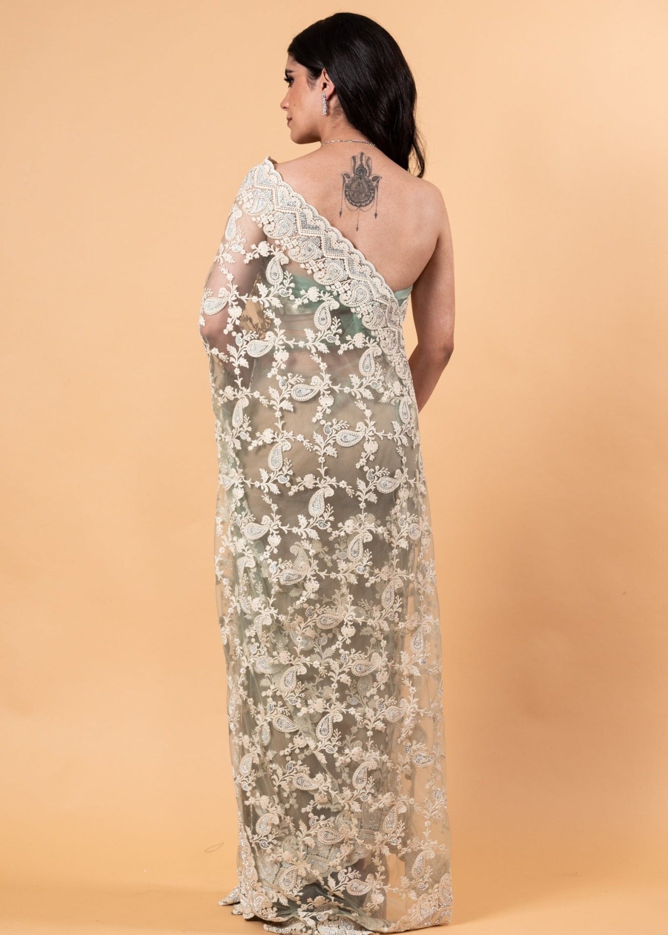 Pastel Green Net Saree with all over Stone and embroidery work And Unstitch blouse - Image 5