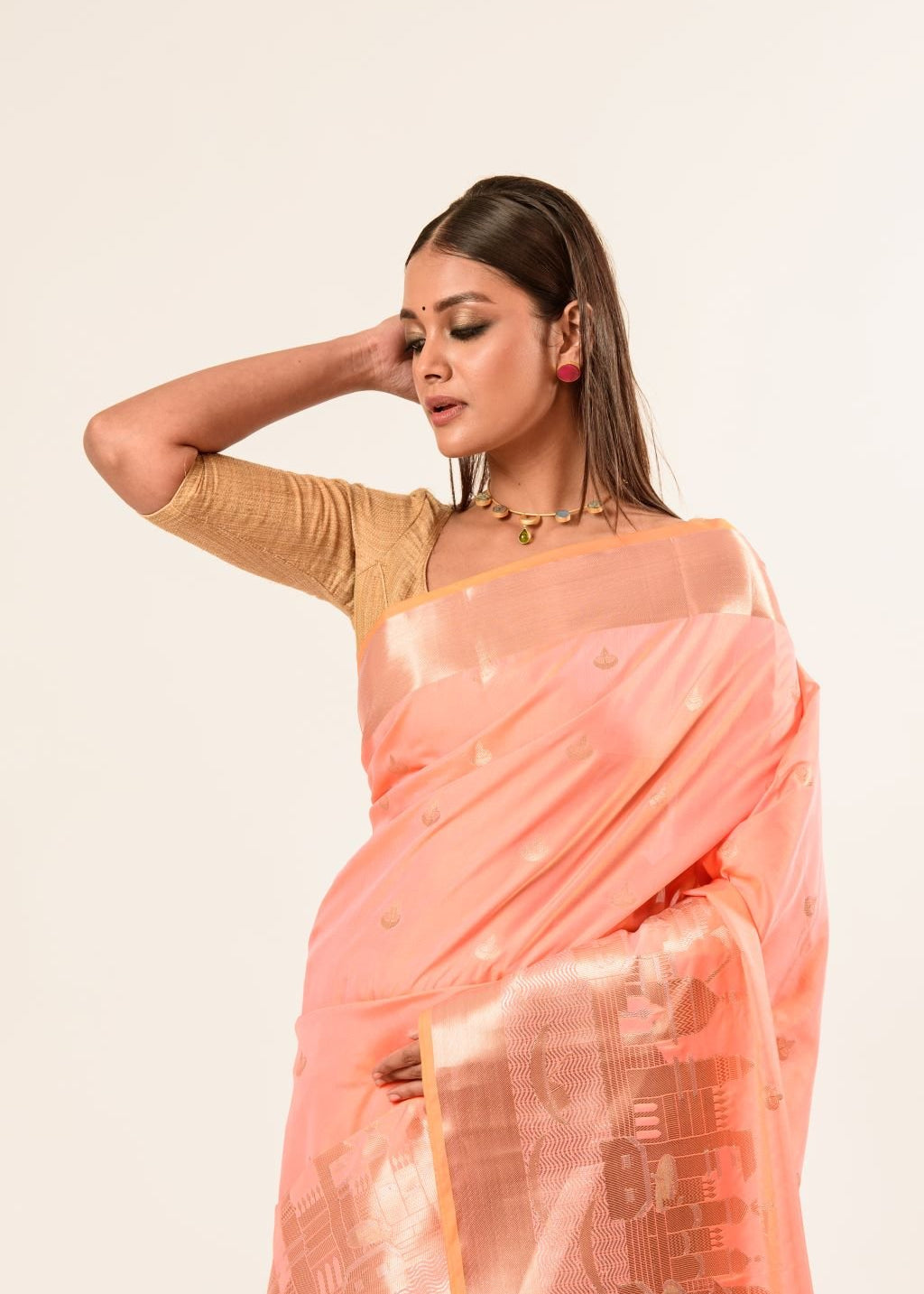 Coral Peach Katan Banarasi Silk Saree With Golden Temple Border - Anvi Couture