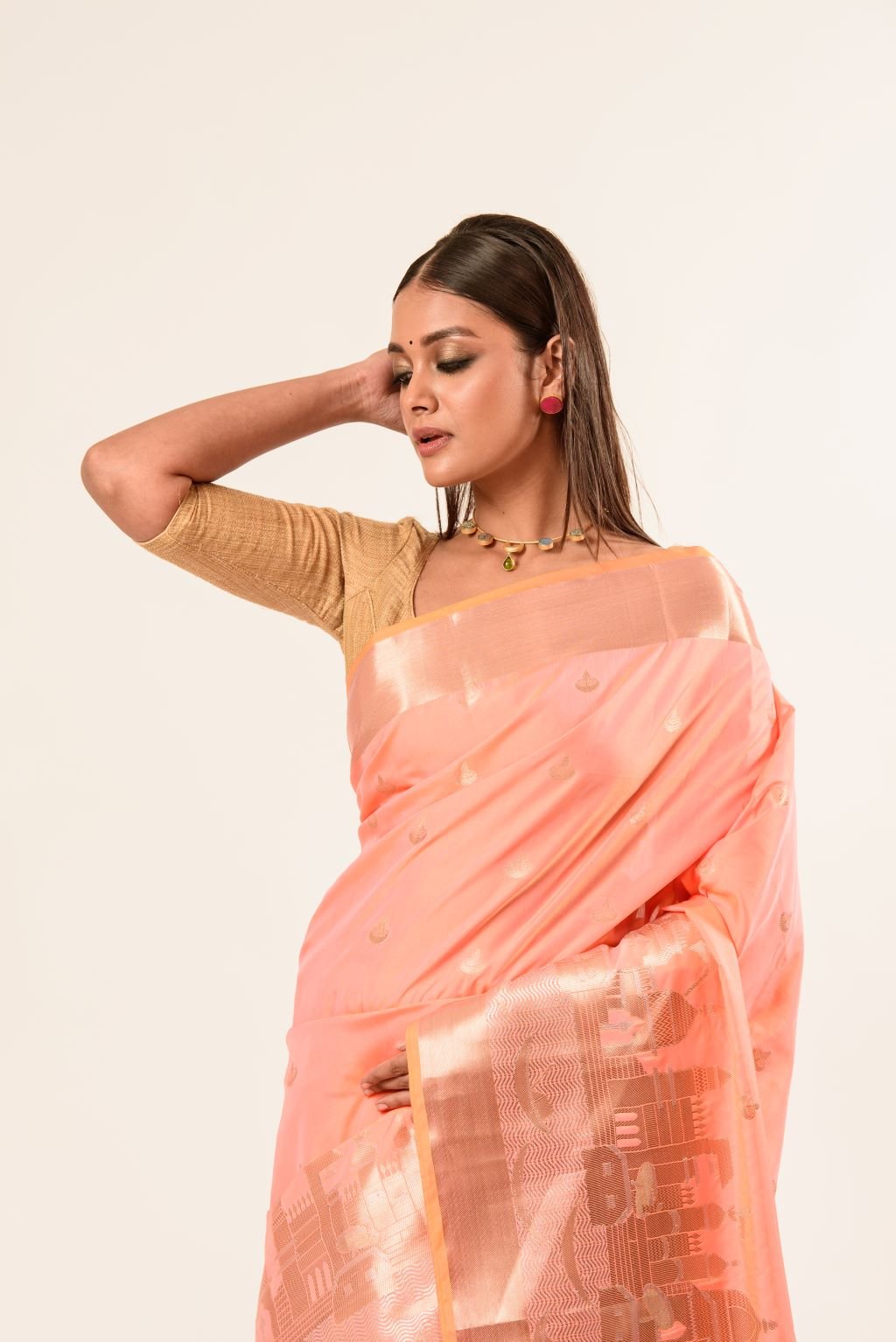 Coral Peach Katan Banarasi Silk Saree With Golden Temple Border - Anvi Couture