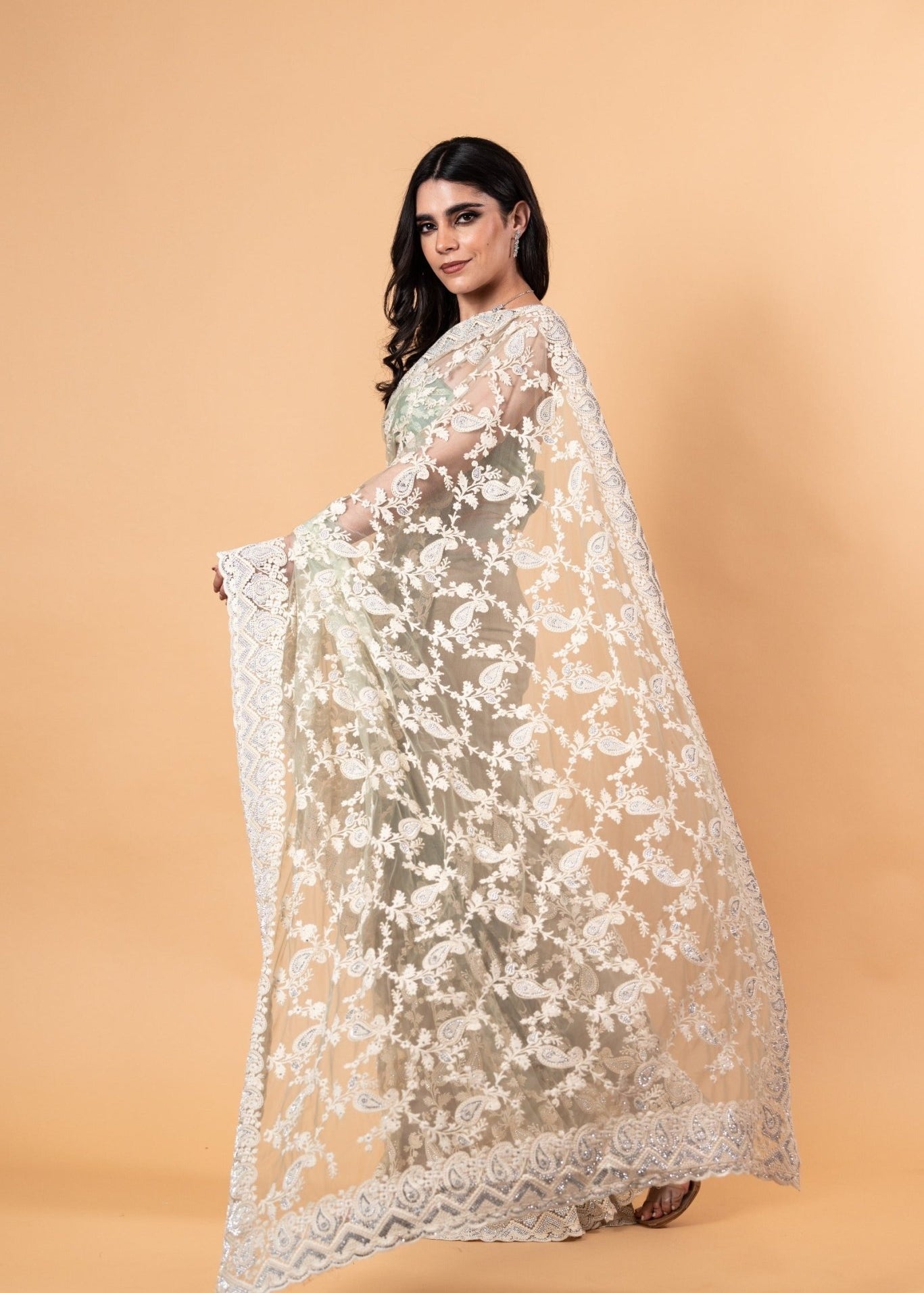 Pastel Green Net Saree with all over Stone and embroidery work And Unstitch blouse - Image 3