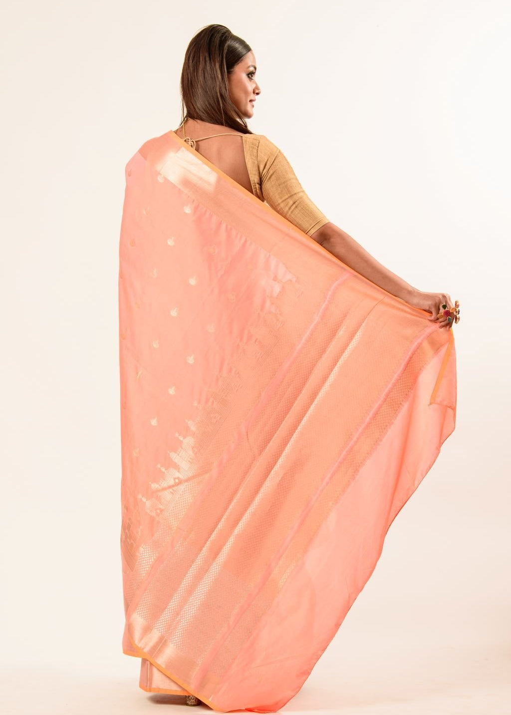 Coral Peach Katan Banarasi Silk Saree With Golden Temple Border - Anvi Couture