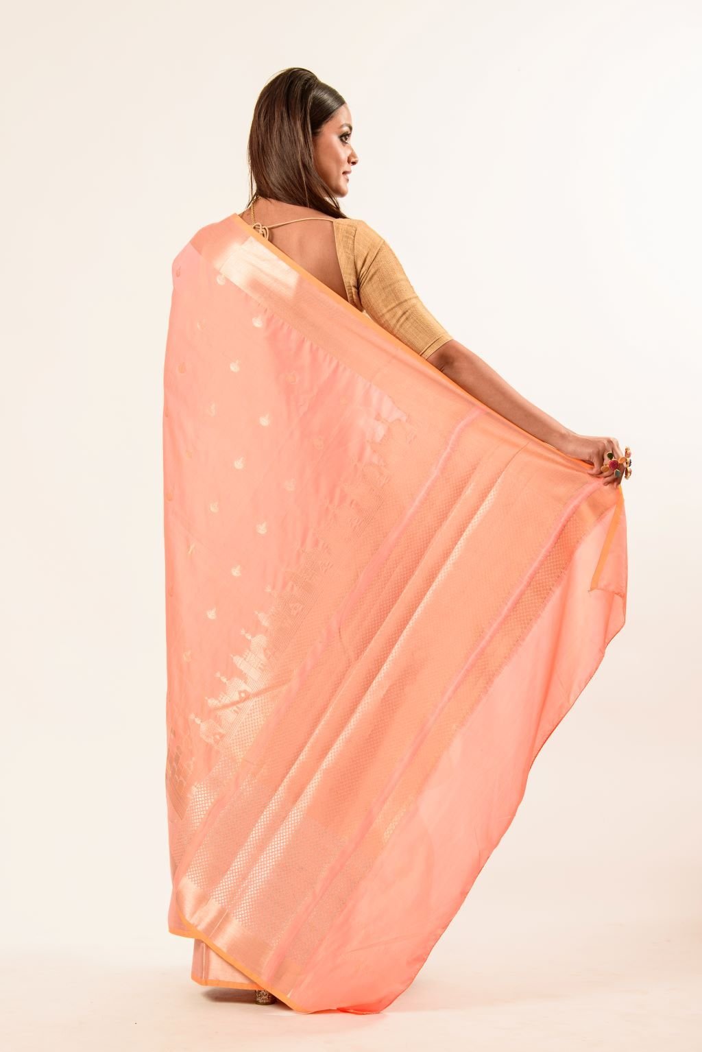 Coral Peach Katan Banarasi Silk Saree With Golden Temple Border - Anvi Couture