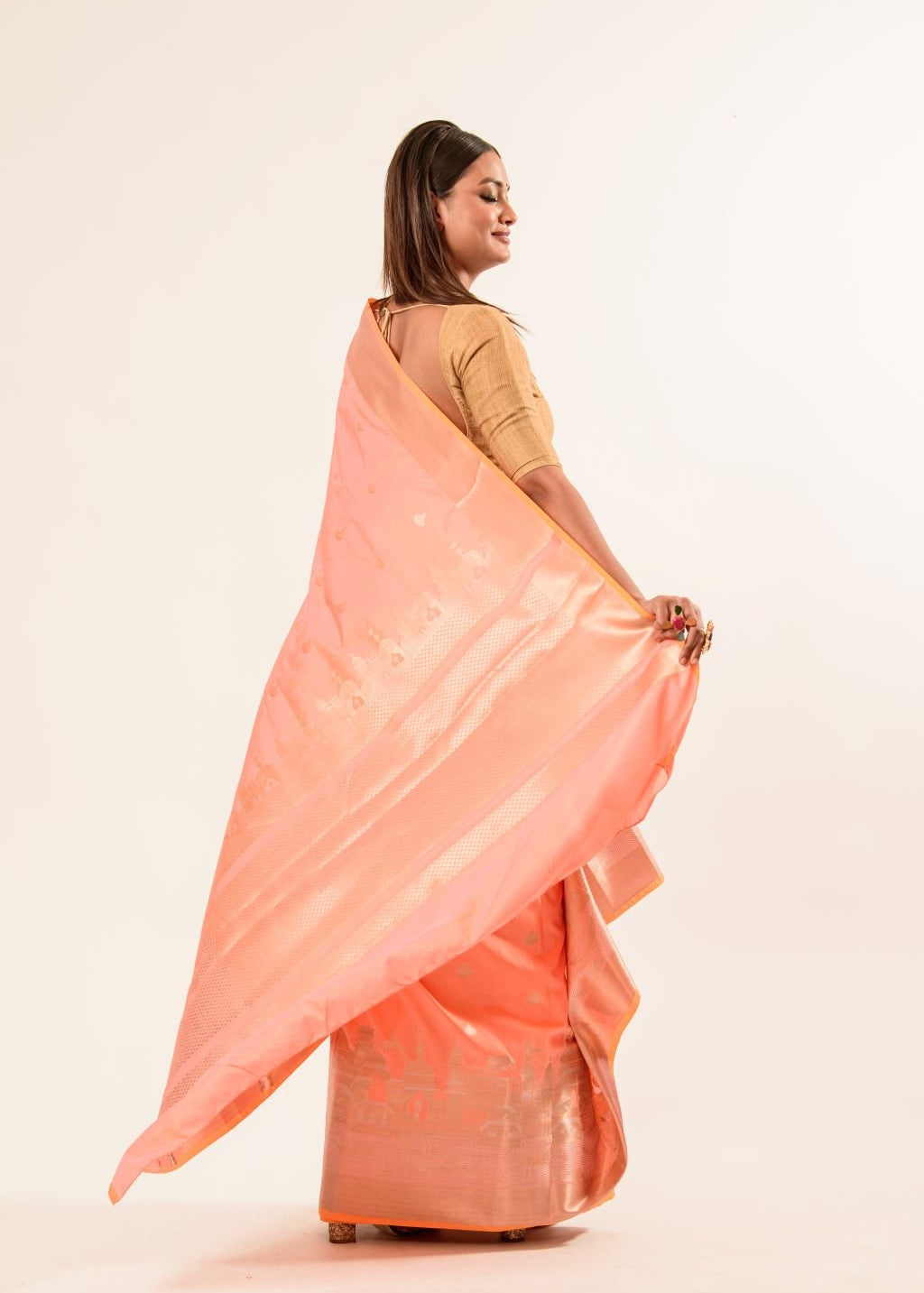Coral Peach Katan Banarasi Silk Saree With Golden Temple Border - Anvi Couture