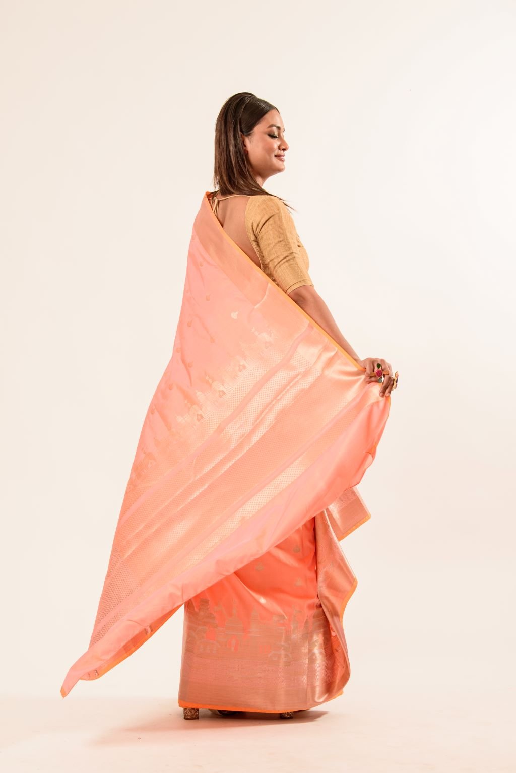 Coral Peach Katan Banarasi Silk Saree With Golden Temple Border - Anvi Couture