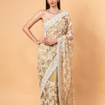 Light Mint Green Net Saree with all over Stone and embroidery work and Unstitched Blouse - Anvi Couture