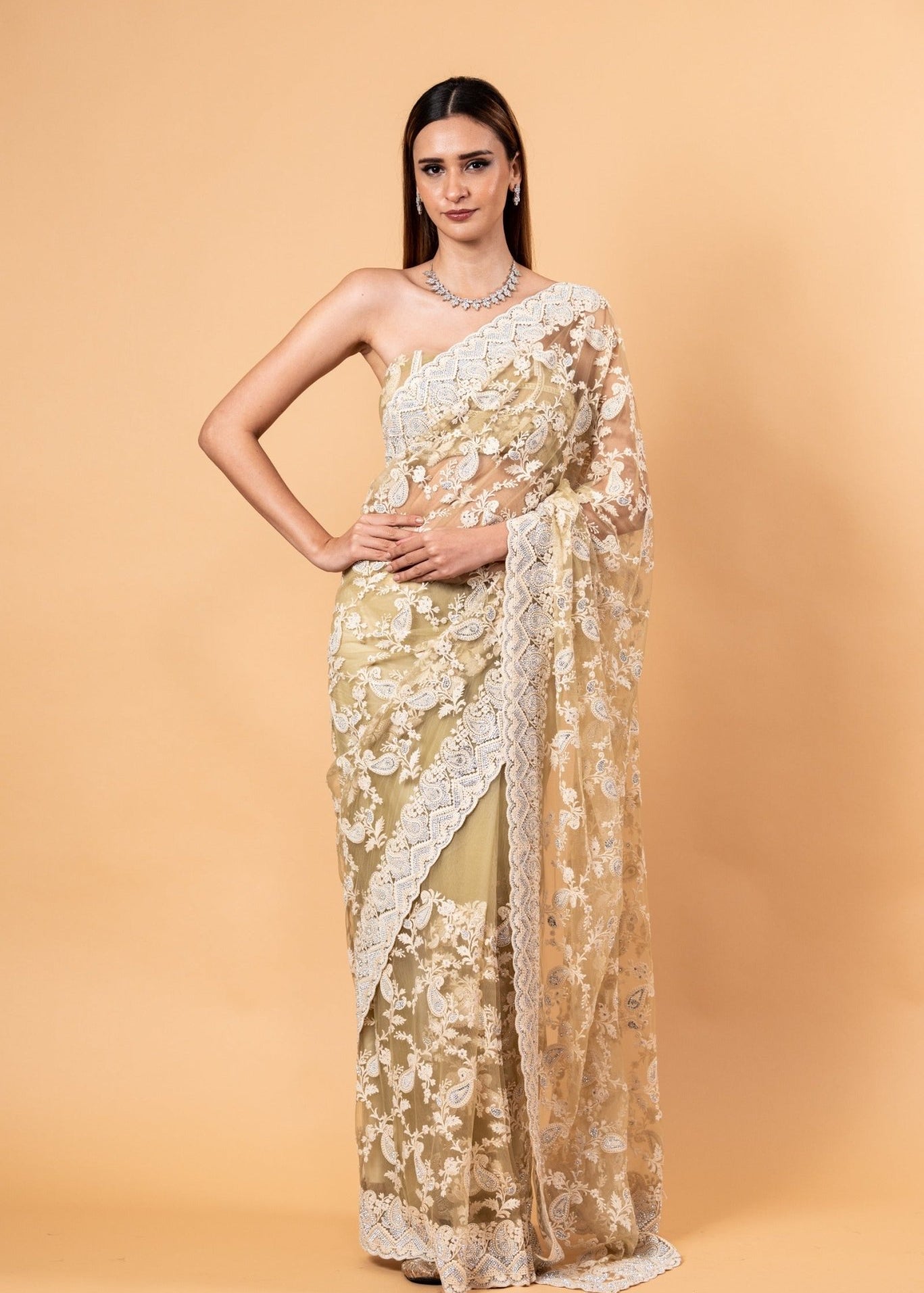 Light Mint Green Net Saree with all over Stone and embroidery work and Unstitched Blouse - Anvi Couture