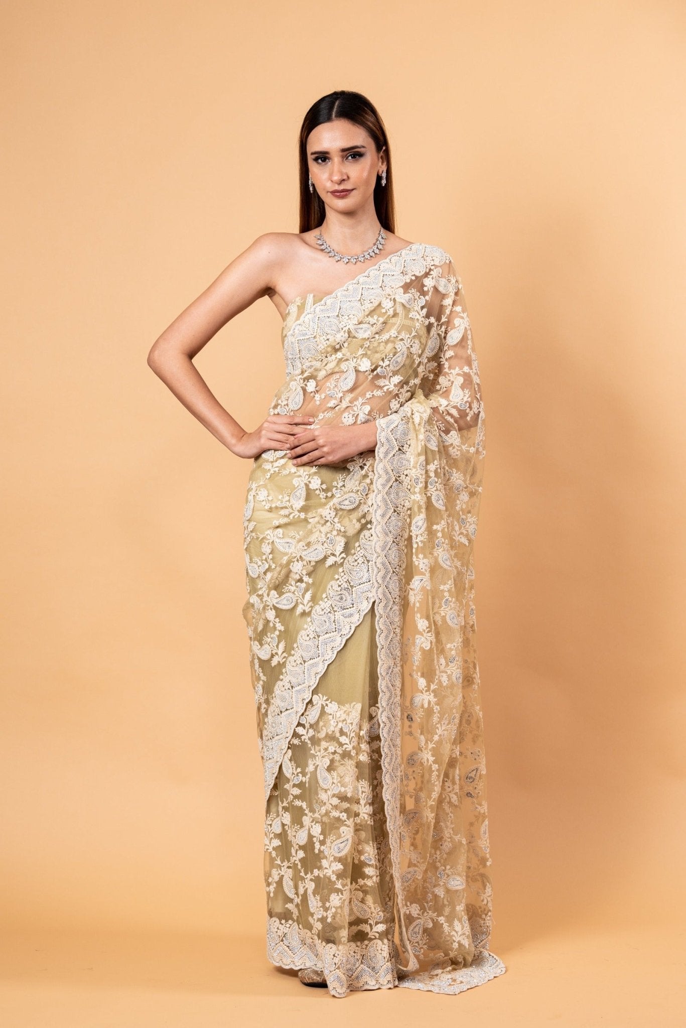 Light Mint Green Net Saree with all over Stone and embroidery work and Unstitched Blouse - Anvi Couture