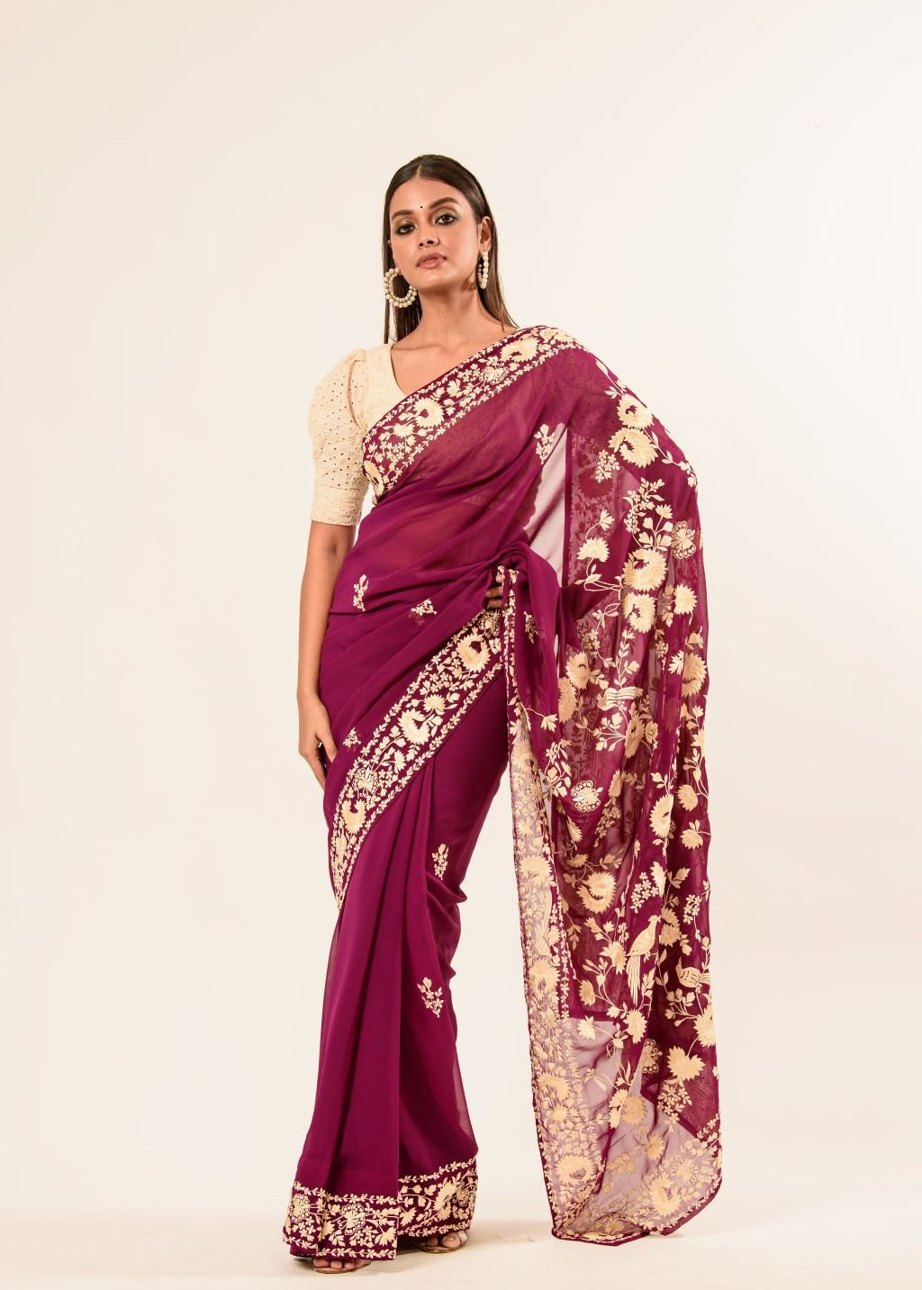 Maroon Parsi Gara Saree in Georgette with an Embellished Hand Embroidered Work - Image 1