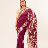 Maroon Parsi Gara Saree in Georgette with an Embellished Hand Embroidered Work - Anvi Couture